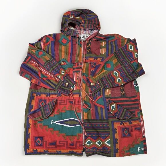 AT!LAST Jackets & Blazers - Vintage AT!LAST Hooded Jacket - Tribal Aztec Print - 100% Cotton - Size M - Rare